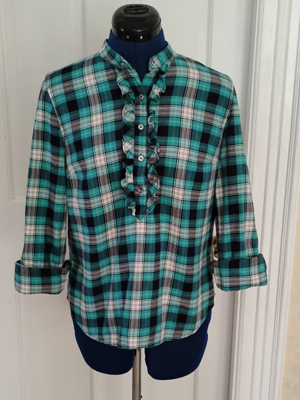 Talbots 100% Cotton Button Down Ruffled Plaid Shirt